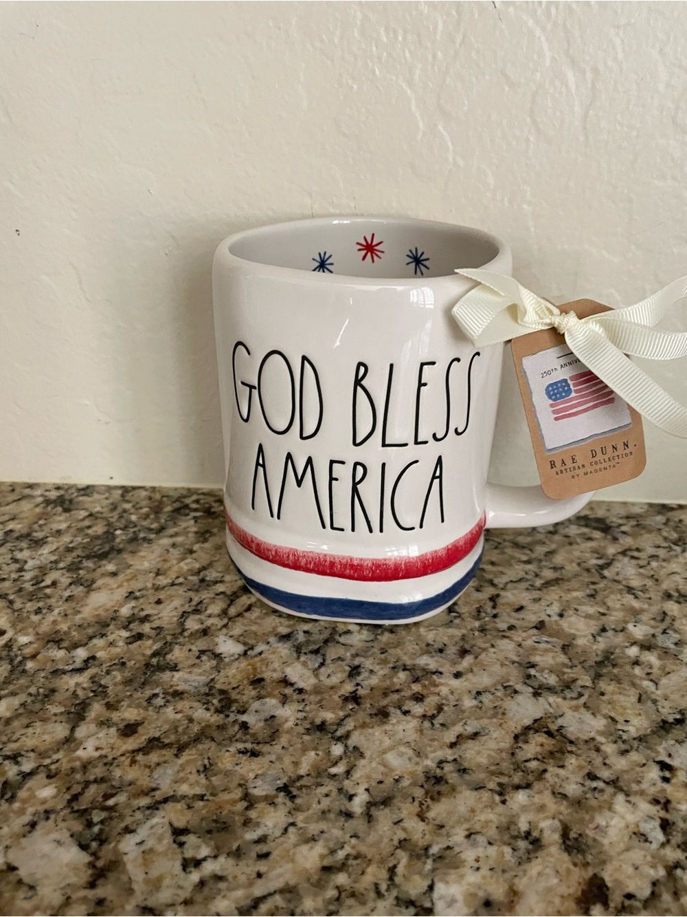 Rae Dunn White Ceramic Mug with Red and Blue Stripes
